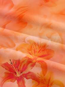 SHEIN MOD 女士休闲优雅系带肩前褶皱收腰 A 字形紧身短裙，适合夏季，夏威夷/芙蓉花印花，橙色 - 彩色 - 查看 4