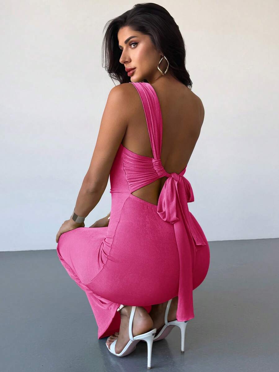 Firerie Gaun Maxi Hijau Musim Panas Chic Elegan Chic untuk Pesta Malam, Tanpa Punggung, Belahan, Tali Bahu Berkerut, Cocok untuk Liburan, Hari Valentine, dan Musim Pernikahan. - Hot Pink - View 1