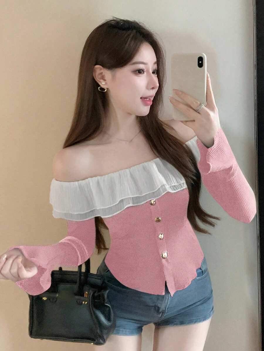 DAZY Party Valentine's Day Lace Trim Shoulder Exposed Contrast Color Ruffle Hem Long Sleeve T-Shirt For Women,Off Shoulder Top,Fall Women Clothes - Pink - View 1