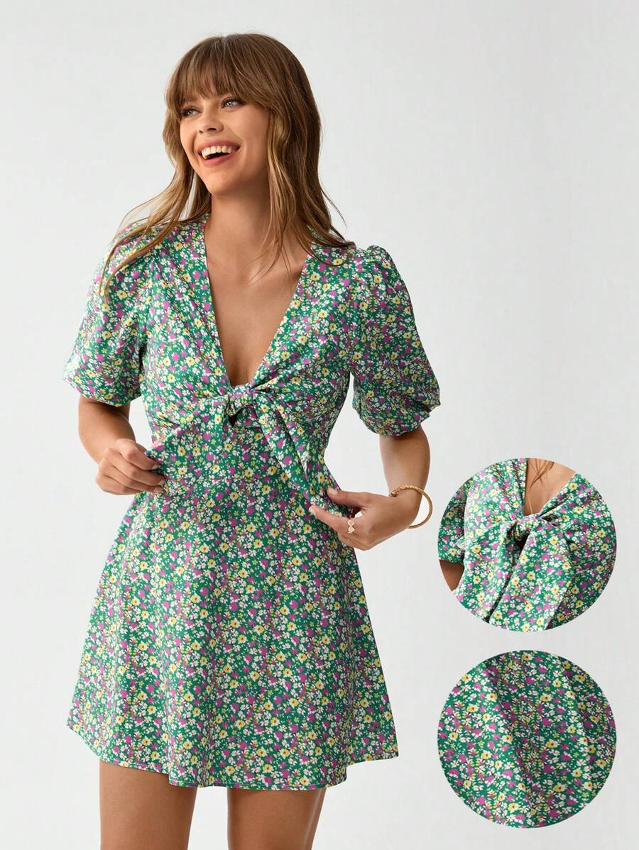 SHEIN LUNE Clip à cheveux avec nœud à fleurs vertes dispersées, style décontracté pour vacances à la campagne. Robe fleurie à petites fleurs pour les vacances, style cottagecore pour concert country, tenue pour garden party - Vert - Voir 1