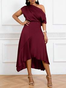 SHEIN Tall CURVE 大码不对称下摆缎面正式连衣裙，收腰设计，优雅晚礼服，夏季女士休闲连衣裙，生日女士服装，大码女装，正式、商务休闲女装 - 中紫紅色 - 查看 8