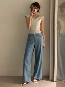 DAZY Jeans amples et larges en denim de couleur unie pour femmes, vêtements de rentrée scolaire - Jean brut - Voir 5