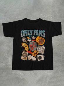 Manfinity Dauomo Camiseta de manga corta con patrón de electrodomésticos y de fanáticos para hombres, estilo de moda callejera con estampado gráfico