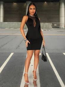 SHEIN SXY Spring And Summer Street Casual Daily Comfortable Sexy Nightclub Rock Hot Girl Music Festival Black High Elastic Knit And Mesh Stitching Round Neck Sleeveless Mini Slim Dress