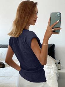Livesso Áo thun cổ tròn tay ngắn vải trơn họa tiết đơn giản Old Money Casual dành cho nữ, Xuân/Hè, trang phục công sở thường ngày dành cho nữ - Màu xanh hải quân - Xem 2
