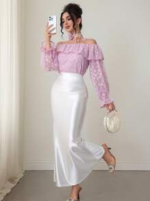 Modelyn 法式优雅露肩荷叶边衬衫，春夏 - 淡紫色 - 查看 4