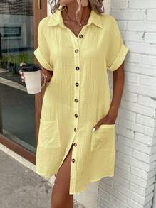 EMERY ROSE Women Minimalist Comfortable Casual Pure Cotton Reversible Double Pocket Shirtdress,Butter Yellow Dress