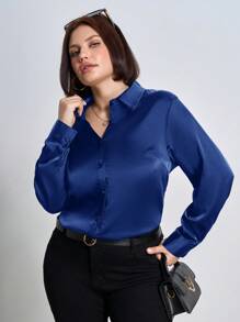 Chikora Plus Size Satin Shiny Jacquard Button Up Shirt,Office Outfits For Women - Royal Blue - View 1