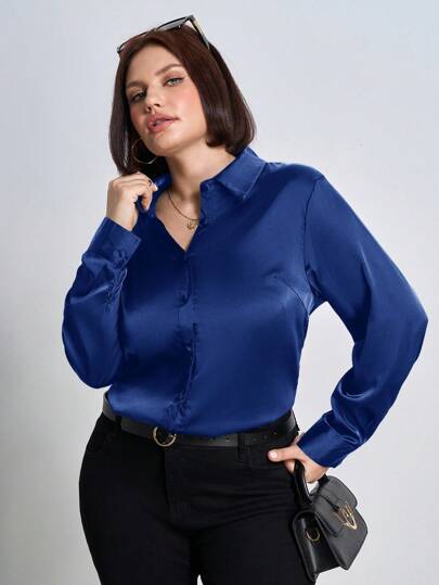 Chikora 加大码缎面闪亮提花纽扣衬衫，女士办公室服装