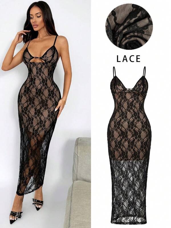 SHEIN SXY Plus Size Women's Sexy Elegant Black Lace Contrast Color Slip Dress, Suitable For Sexy Office Siren Coquettish, Prom, Ball, Valentine's Day, Cruise Attire, Commuting, Business, Retro, Party, Resort, Outing, Old Money, Richly Layered, Date Night, Gathering, Minimalism, Birthday, Formal Event, Gyaru, Ibiza, Nashville, Break, Modest, Chic, Casual, Shopping, Streetwear, Going Out, Accent Your Body, Flatter The Figure