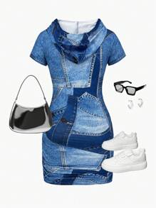 Sparklyn Teenagers Street Style Sports Party Denim Look City Letter Print Hooded Short Sleeve Snug Fit Mini Dress Fall Winter - Blue - View 3