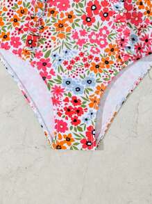 Cute One-Piece Ditsy Floral Ruffle Edge Tween Girl' Swimsuit, Beach Holiday Vacation Outfit - Multicolor - View 3