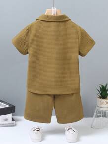 SHEIN 男童两件套短袖纯色衬衫和短裤套装，夏季时尚 - 軍綠色 - 查看 2