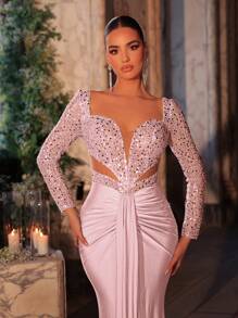 Glamrae 优雅奢华透明长袖亮片和珍珠细节弹力针织褶饰鱼尾裙，适合婚礼、派对、节日、舞会、晚礼服（大量装饰）、正式场合、婚礼宾客 - 淺粉色 - 查看 1