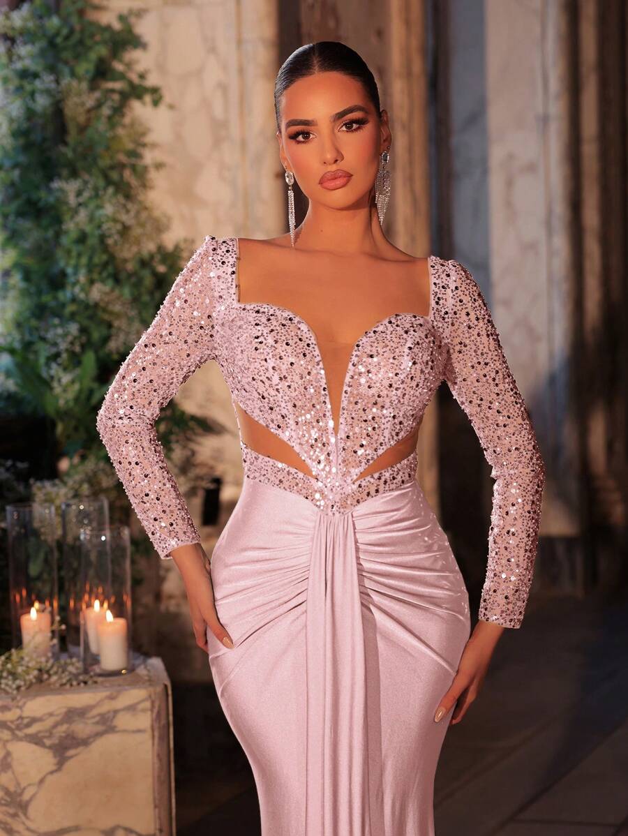 Glamrae 优雅奢华透明长袖亮片和珍珠细节弹力针织褶饰鱼尾裙，适合婚礼、派对、节日、舞会、晚礼服（大量装饰）、正式场合、婚礼宾客 - 淺粉色 - 查看 1