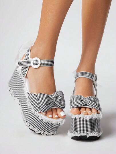 Kawaii Zapatos de vestir para mujer con estilo oscuro punk y Y2K, de encaje floral elegante, sandalias góticas de plataforma con temática de fiesta lolita, sandalias de verano con punta abierta, decoración de lazo a cuadros y plataforma gruesa