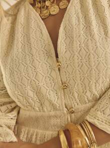 Aralina Lace Insert Long Sleeve Button Up Ruffle Hem Elegant Mini Shift Shirt Dress - Apricot - View 6