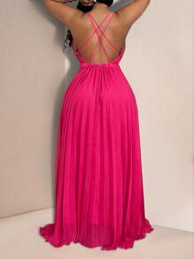 Veslaya 2025 年新款春夏日常/休闲/度假/海滩/旅行紫红色交叉细肩带高低褶皱连衣裙，专为大码女性设计 - 玫紅色 - 查看 6