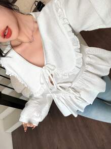 Modelyn Peter Pan Collar Patchwork Frill Trim Tie-Up Long Sleeve Women Shirt - White - View 2