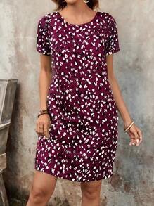 EMERY ROSE Women All-Over Print Round Neck Short Sleeve Pocket Casual Mini Dress Summer Dresses For Women - Red - View 4