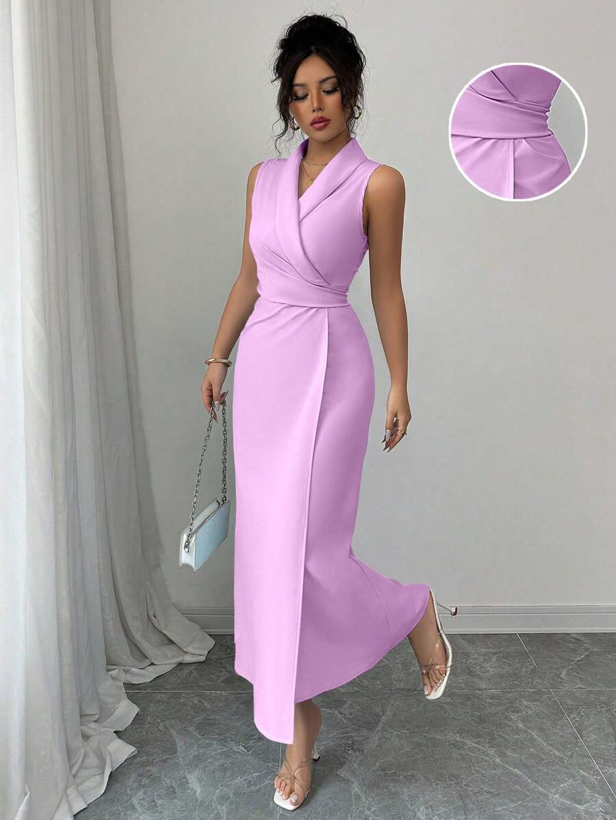 Elenzga Women Solid Color Shawl Collar Wrap Hem Fitted Elegant Sleeveless Dress - Mauve Purple - View 1