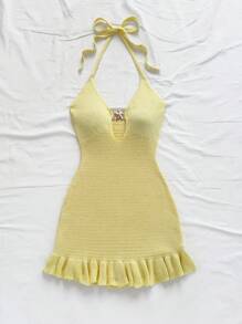 Soleia Women's Resort Moss Green Halter Backless Cutout Metal Starfish Knitted Mini Dress With Ruffles - Mustard Yellow - View 7
