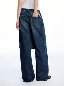 LYSMO 蓝色宽松女式牛仔裤，不对称下摆，时尚口袋