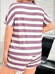 SHEIN Bộ đồ ngủ thường ngày họa tiết sọc tay cánh dơi cỡ lớn dành cho nữ và quần short, trang phục - Màu tím - Xem 2