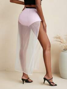Ameri Pink Solid Color Organza High Slit Sexy Long Skirt Summer Beach Wear - Pink - View 2