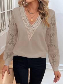 EMERY ROSE Women's Casual Jacquard Patchwork Long Sleeve Top For Autumn Fall Cloth For Women - Apricot - View 4