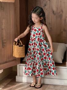 SHEIN Young Girl Floral Print Elegant Fashion Comfortable Bow Decorated Spaghetti Strap Mid-Length Dress Summer Holiday