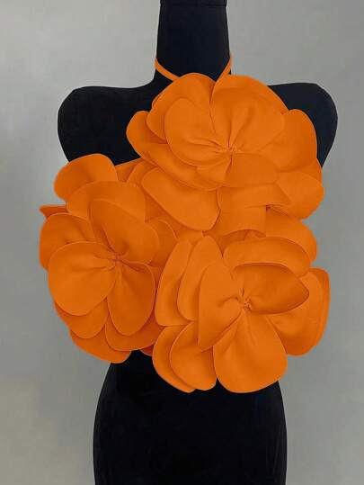 Chiquease Standard Fit Women Elegant Valentine's Day Tie-Up Neck White 3D Floral Decor Rib-Knit Sleeveless Top