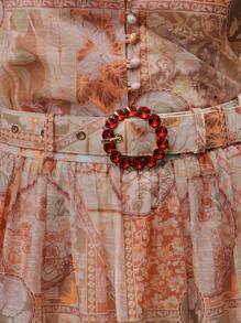 Anewsta Bohemian Floral & Geometric Print High Waist A-Line Skirt For Women, With Pearls, Rhinestone Belt, Casual Elegant Beach Festival Holiday Vacation