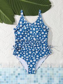 SHEIN Teen Girls Random Print One-Piece Swimsuit - Blue - View 3