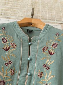 Al Najma 阿拉伯女性朴素刺绣纽扣 3/4 袖落肩连衣裙 - 綠色 - 查看 4