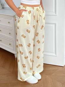 SHEIN EZwear 大码休闲狗狗印花休闲裤 - 奶油色 - 查看 4