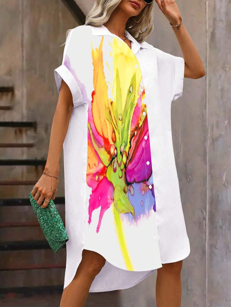 Zolique 花卉印花不对称前扣短袖连衣裙