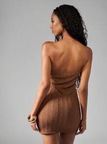 MISSGUIDED Textured Mini Bodycon Dress Plunging Neckline Strapless Nightclub Party Clubwear Form Fitting Club Night Out Stretchy Knit Evening - Brown - View 2