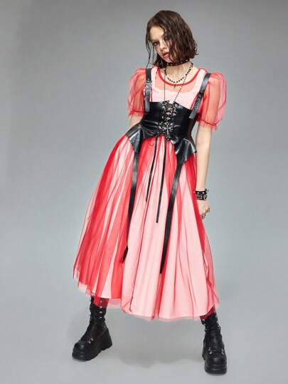 Grunge Punk Sexy Summer Holiday See-Through Gothic Mesh Puff Sleeve Long Dress, Graduation Season Party
