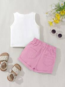 SHEIN Playful Pals 女婴两件套：白色上衣，饰有可爱的雏菊图案；宽松舒适的绿色牛仔短裤，配有松紧腰带，简约可爱。 - 白色 - 查看 3