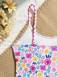 Teen Girls Cute Floral Print One-Piece Swimsuit, Bow-Decorated Pleated Beachwear - Multicolor - View 7