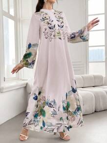 SHEIN Najma 女士优雅花卉印花阿拉伯长裙，端庄 - 粉色 - 查看 3