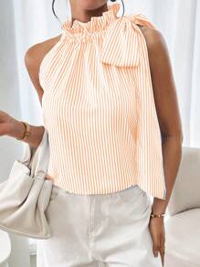 SHEIN Clasi Women's Spring/Summer Striped Ruffled Collar Bowknot Sleeveless Shirt - Orange - View 4