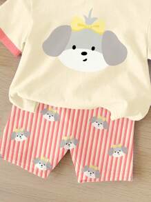 SHEIN Conjunto de 2 peças casual com estampa de cachorrinho fofo para bebê menina, camiseta de manga curta e shorts listrados, adequado para primavera/verão - Multicolorido - Ver 5
