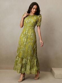 Anewsta Women's Elegant Floral Lace Patchwork Beaded Decor Round Neck Short Sleeve Dress - Green - View 2