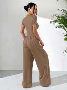 SHEIN EZwear 2 件套夏季灰色紧身短袖 T 恤和宽松运动裤休闲装 - 咖啡棕 - 查看 2