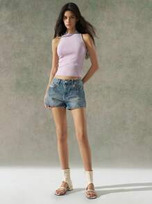 LYSMO Pantalones cortos vaqueros lavados informales de mujer con bolsillos oblicuos, para verano