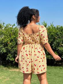 SHEIN EZwear Plus Size Women's Cherry Floral Print Puff Sleeve Jumpsuit, Spring/Summer - Yellow - View 2