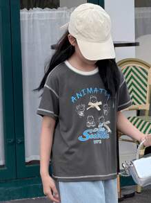 DAZY Tween Girls Round Neck Printed Short Sleeve Knit T-Shirt, Summer,Back To School Clothes - Dark Grey - View 5