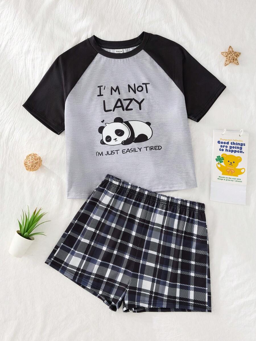 SHEIN Dozemod 青少年女孩 2 件組可愛熊貓圖案拼色圓領短袖 T 恤與格紋短褲休閒睡衣套裝，夏季 - 灰色 - 查看 1